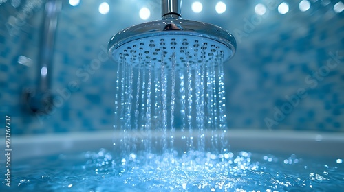 Closeup of a shower head with water running through it and a blue tiled wall in the background.