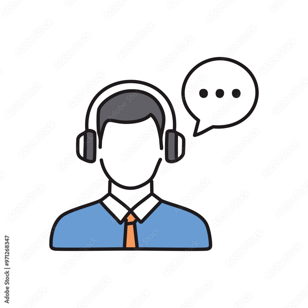 Support agent icon. A professional with headphones ready to assist with a speech bubble. Ideal for customer service, help desk, and support concepts.