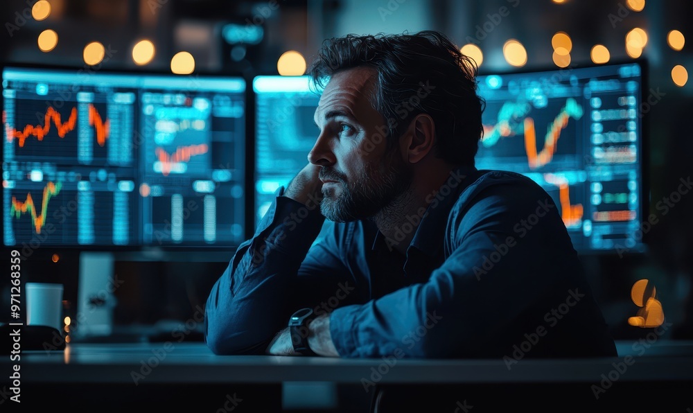 An investor at home monitoring the stock market, emotional expressions, big bull displayed on the computer screen, dramatic lighting and shadows An investor at home monitoring the stock market, emotional expressions, big bull displayed on the computer screen, dramatic lighting and shadows