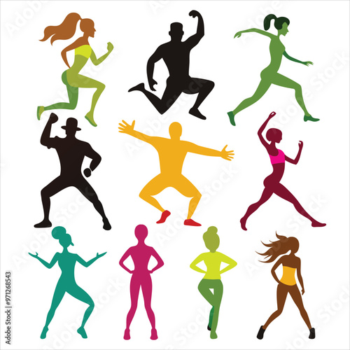 Fitness dance silhouette set, gym workout silhouette set.