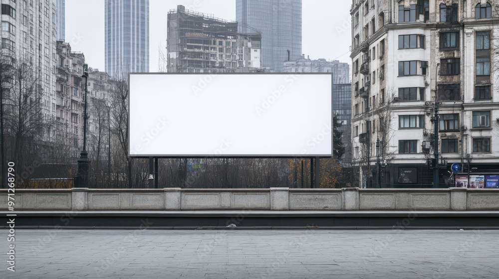Obraz premium Blank white billboard in city center surrounded by modern buildings, urban advertising concept