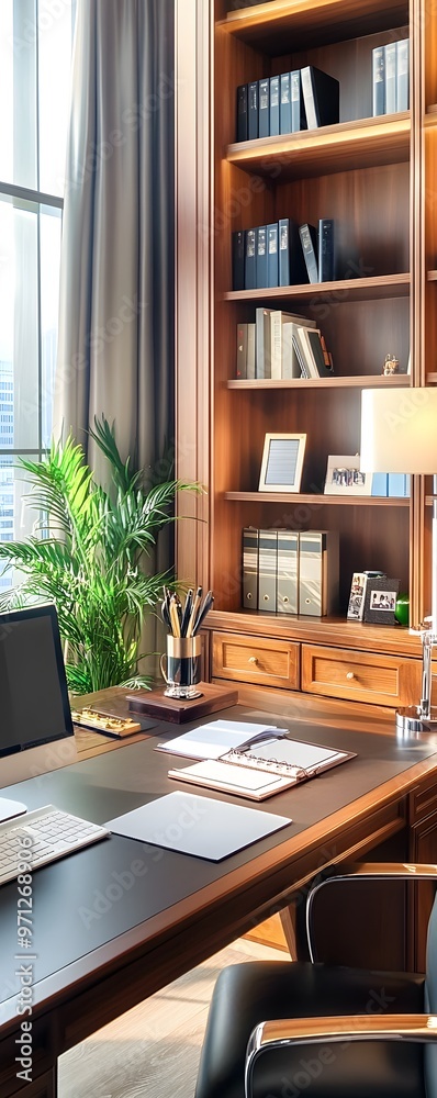 Modern Home Office Desk with Bookcase and Window View. Modern Home Office Desk with Bookcase and Window View.