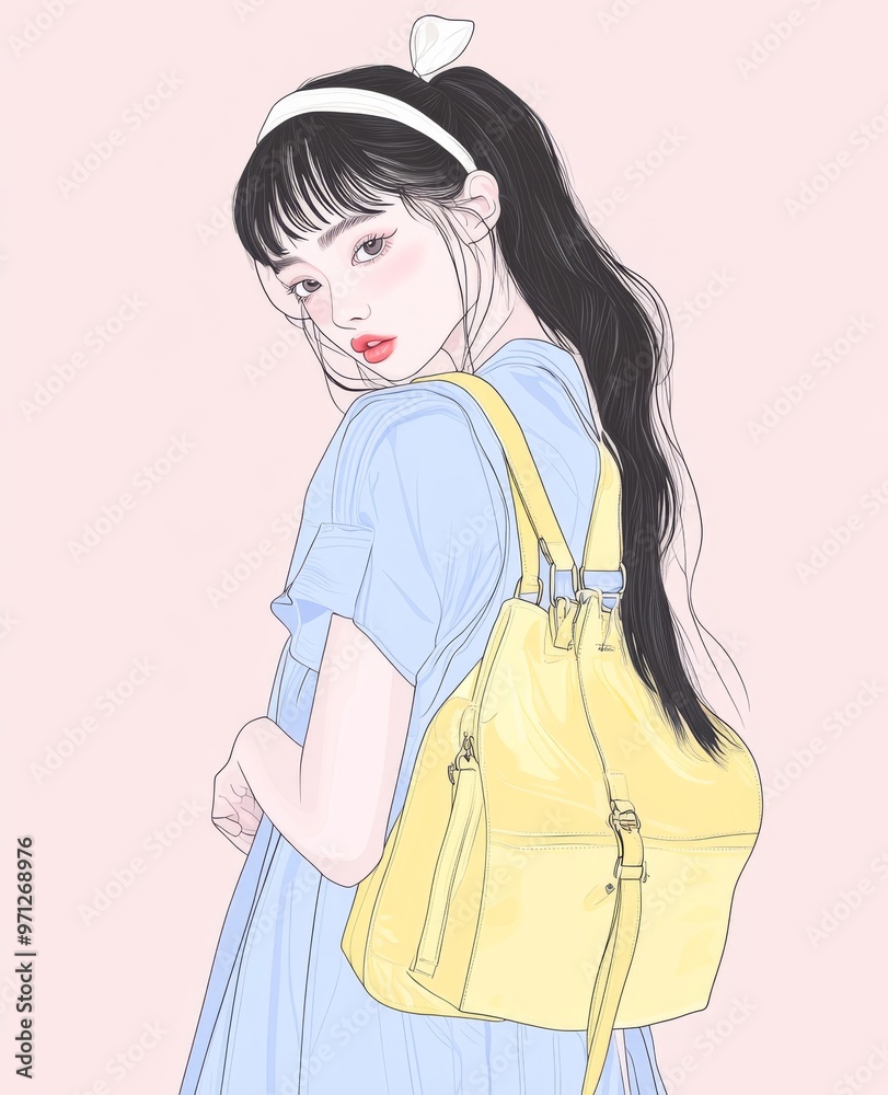 Modern flat illustration of a tired schoolgirl holding a backpack. Modern flat illustration of a tired schoolgirl holding a backpack.