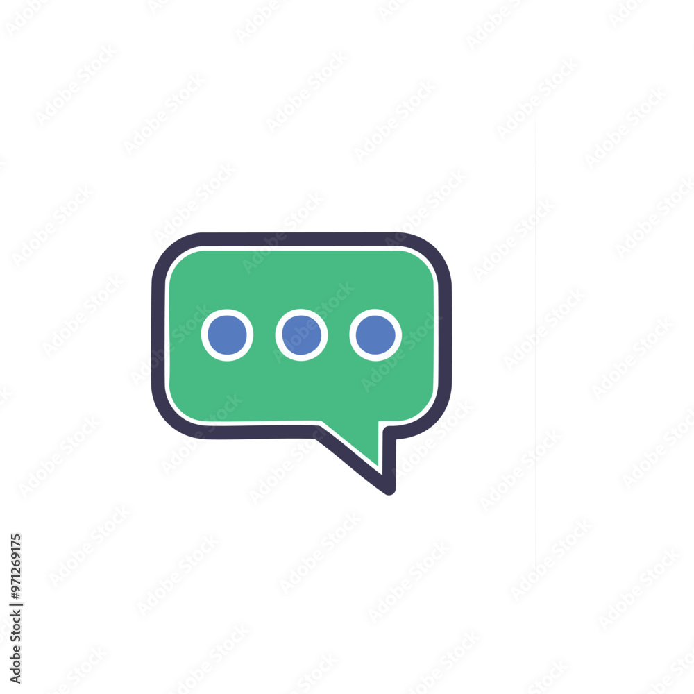 Chat bubble icon. Green chat bubble with three blue dots, signifying communication, conversation, and messaging. Chat bubble icon. Green chat bubble with three blue dots, signifying communication, conversation, and messaging.