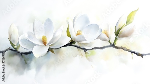 A serene watercolor illustration of magnolia flowers on a branch, evoking tranquility.