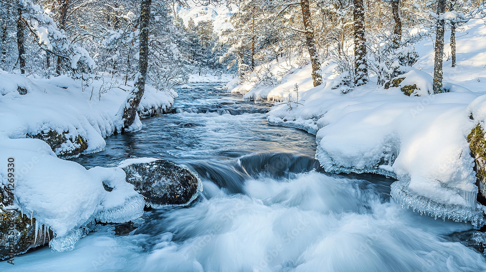A river flowing in a frozen and snowy winter landscape A river flowing in a frozen and snowy winter landscape