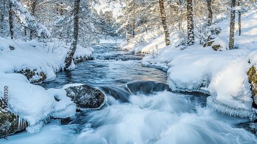 A river flowing in a frozen and snowy winter landscape