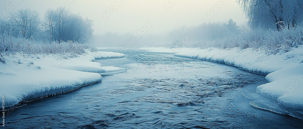 Obraz premium A river flowing in a frozen and snowy winter landscape