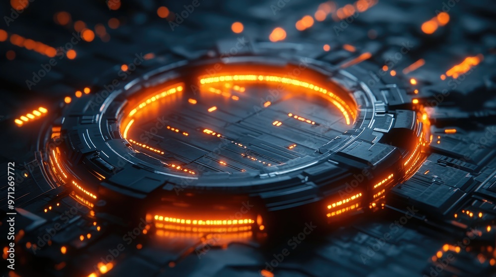 A futuristic, circular, glowing, technological design with orange lights on a dark background. A futuristic, circular, glowing, technological design with orange lights on a dark background.