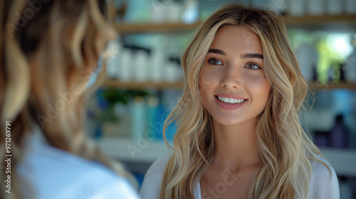 A smiling woman with long blonde hair stands in front of a mirror, illuminated by natural daylight. photo