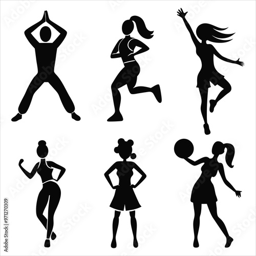 Fitness dance silhouette set, gym workout silhouette set.