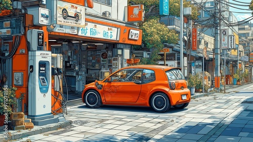 Orange Electric Car Charging in Japan