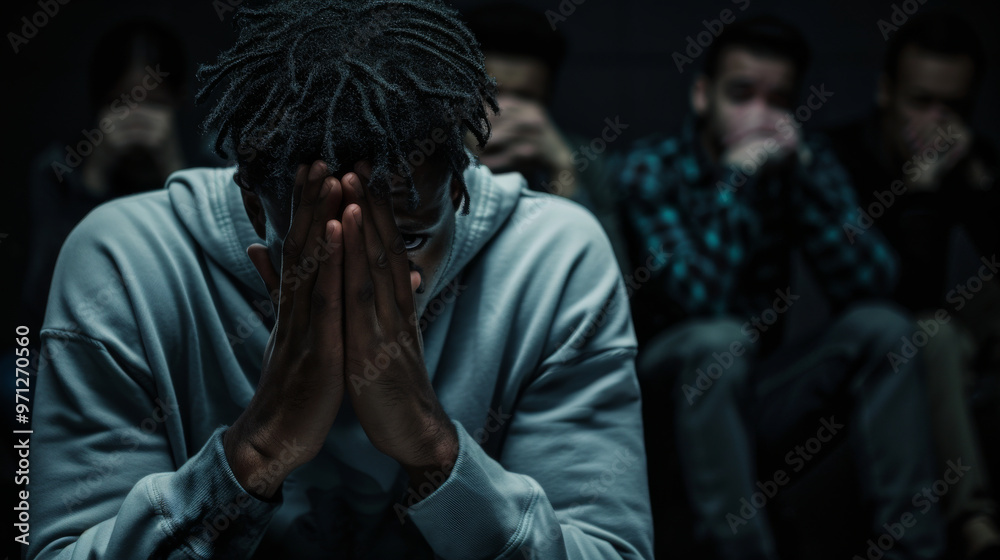 Fototapeta premium Sad young man covers his face with his hands during group therapy surrounded by people. Support, trust, understanding, feelings and communication during the session.