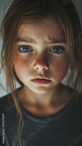 Closeup Portrait of a Young Girl with Freckles and Blue Eyes.