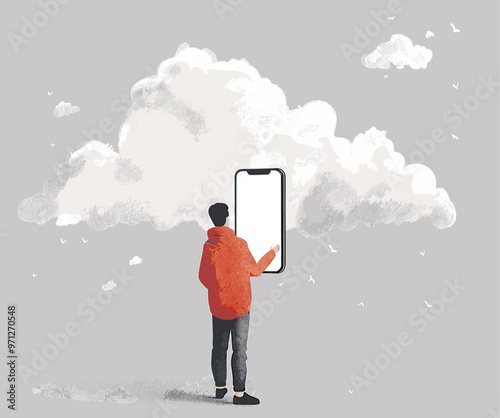 Man using a mobile device with cloud as background, representing cloud data storage for mobile devices