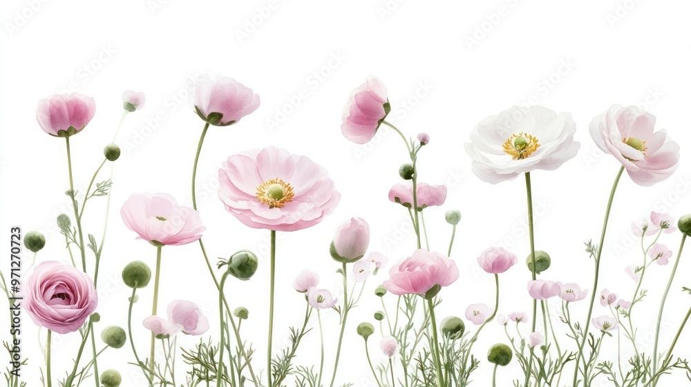 A collection of delicate pink and white flowers against a white background. A collection of delicate pink and white flowers against a white background.