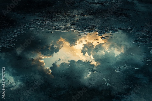 Dark, stormy clouds reflecting in a puddle, foreboding, emotional turbulence