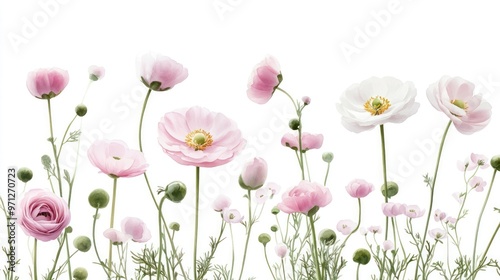 A collection of delicate pink and white flowers against a white background.