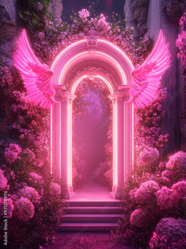 Fototapeta premium A neon pink arch with angel wings and flowers surrounding it with a symmetrical design. Fantasy concept. 