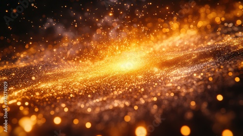 Golden particles dance through the cosmos, illuminating the vast expanse of space at twilight