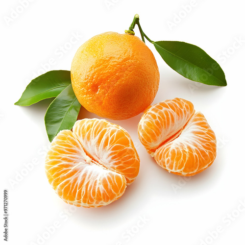 mandarins whole and peeled with leaves isolated on a white background photo