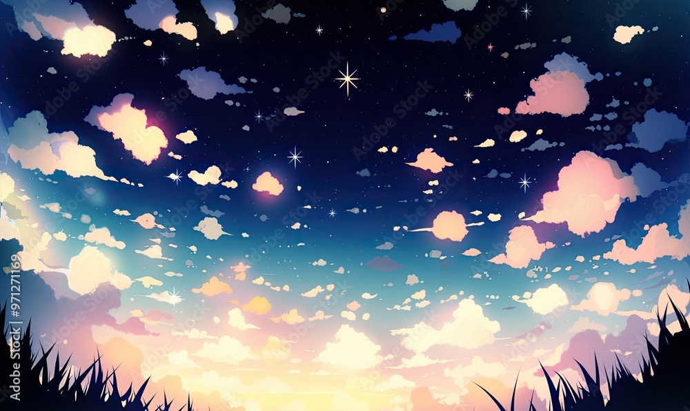 A vibrant, illustrated sky with a pastel-colored sunset and many stars. The sky is filled with fluffy clouds that make a beautiful background for the twinkling stars. A vibrant, illustrated sky with a pastel-colored sunset and many stars. The sky is filled with fluffy clouds that make a beautiful background for the twinkling stars.