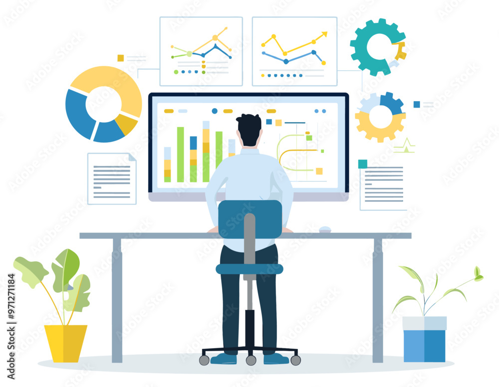 Data annalist specialist working in data center. Flat design illustration on transparent background Data annalist specialist working in data center. Flat design illustration on transparent background