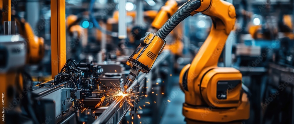 Robot arms in auto manufacturing production line, futuristic technology concept Robot arms in auto manufacturing production line, futuristic technology concept