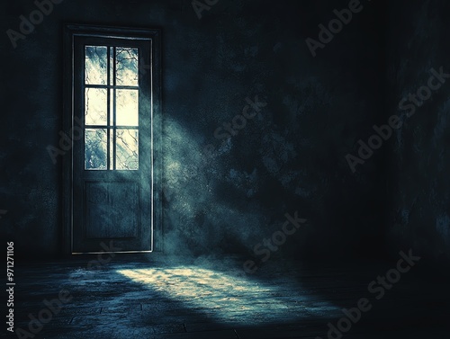 A dark room illuminated only by the light from a cracked door, escape, yearning for release from sorrow photo