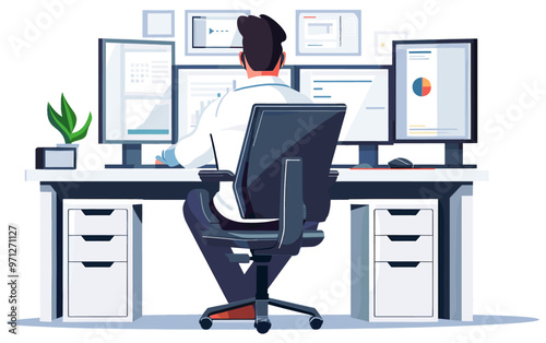Professional accountant checking stock and investments of his company. Minimalist illustration design on transparent background