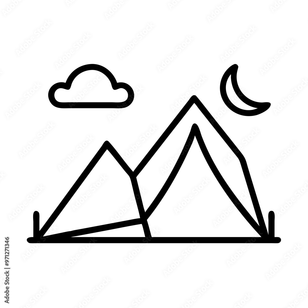 Tent Under Open Night Sky with Clouds and Moon Black Icon, Symbol of Camping Tent Under Open Night Sky with Clouds and Moon Black Icon, Symbol of Camping