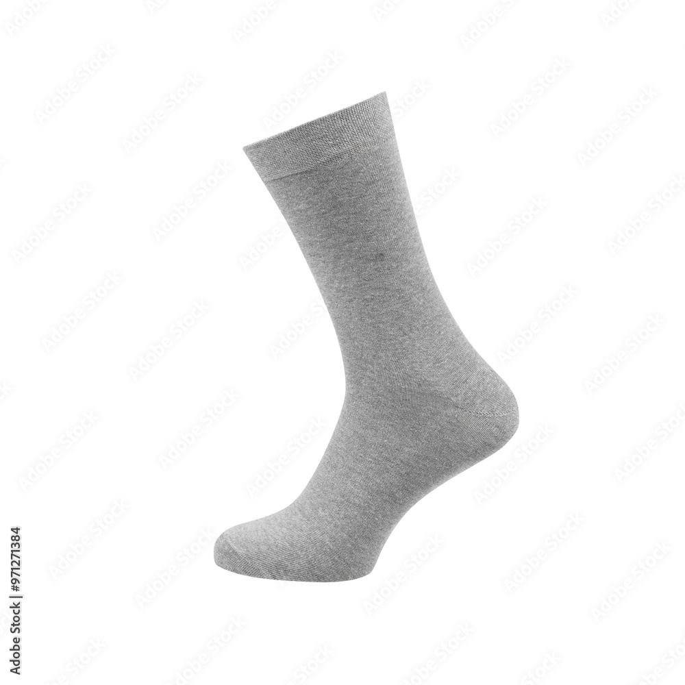 Gray men's sock on the leg isolated on white background.