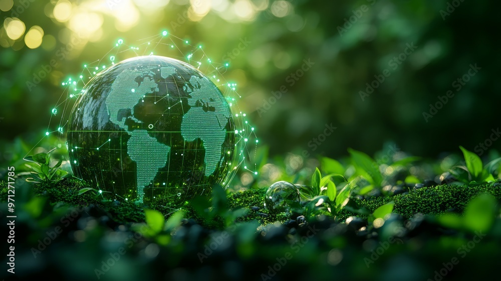 Green technology and global environmental protection concept with icons of energy, water, and air construction industry on a glass globe floating in a green forest background Green technology and global environmental protection concept with icons of energy, water, and air construction industry on a glass globe floating in a green forest background