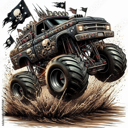 Bold black and white monster truck with intricate skull details