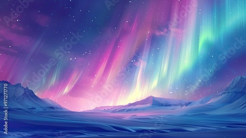 A vibrant depiction of the aurora borealis illuminating a snowy landscape under a starry sky.