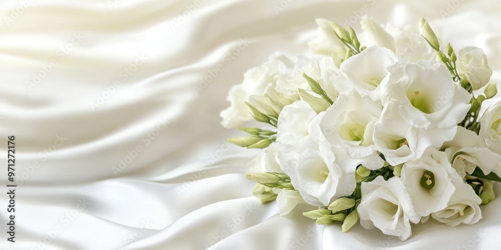 A bouquet of white flowers arranged on a satin fabric background. A bouquet of white flowers arranged on a satin fabric background.