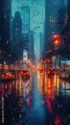 Rainy Cityscape at Night