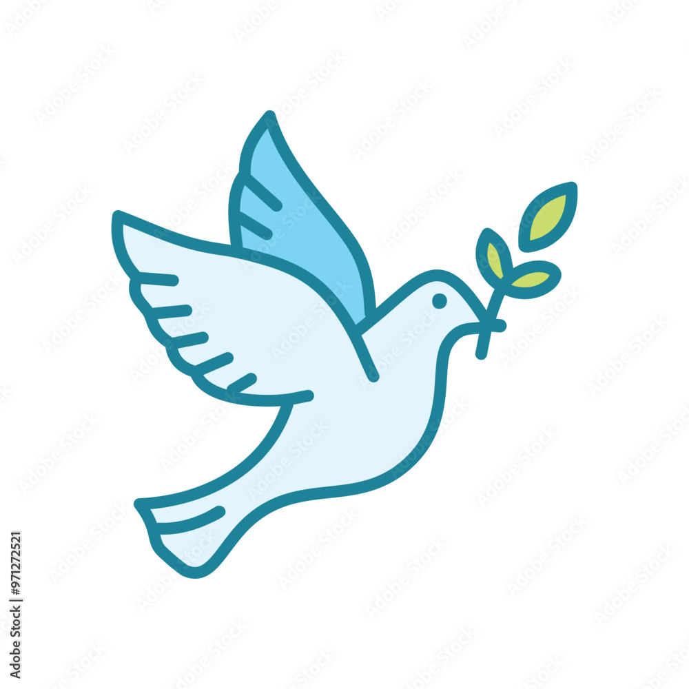 Obraz premium Peace dove icon. White dove flying with olive branch in beak, symbolizing peace, hope, and new beginnings.