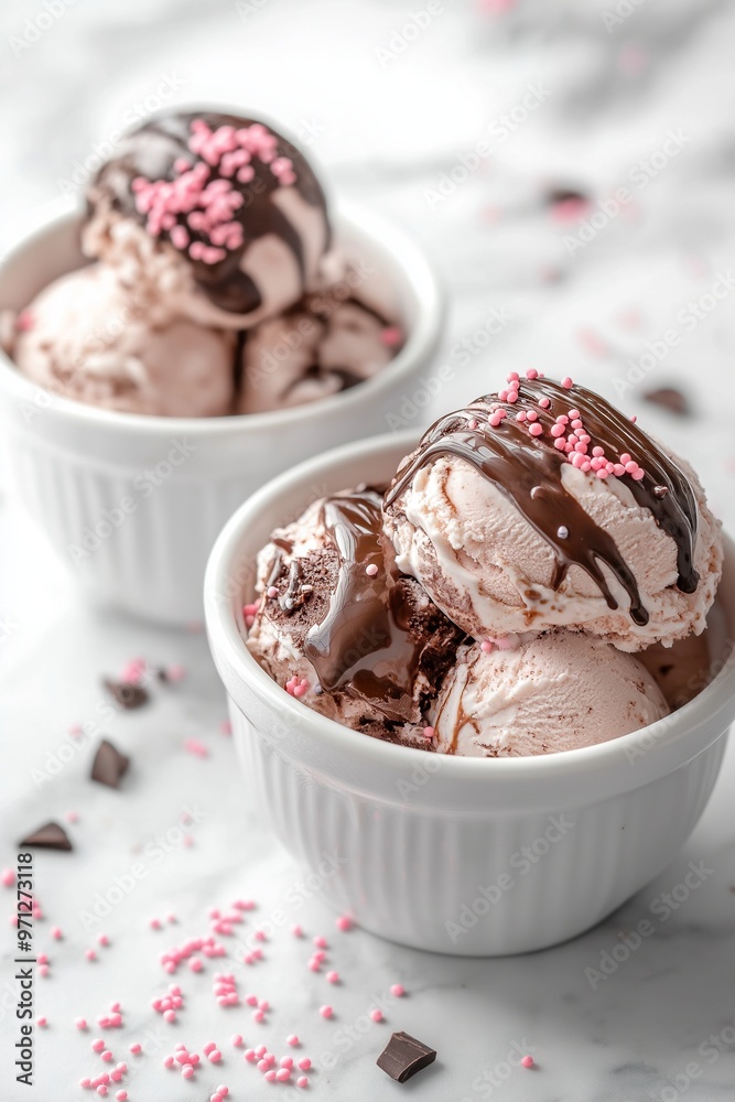 Two white bowls filled with ice cream topped with chocolate fudge sprinkles Two white bowls filled with ice cream topped with chocolate fudge sprinkles