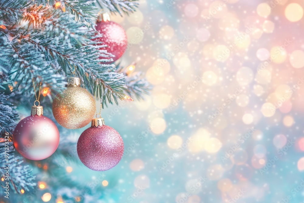 Merry Christmas and Happy New Year. Festive bright beautiful background. Christmas decorations on a spruce branch with colorful bokeh background with generative ai Merry Christmas and Happy New Year. Festive bright beautiful background. Christmas decorations on a spruce branch with colorful bokeh background with generative ai