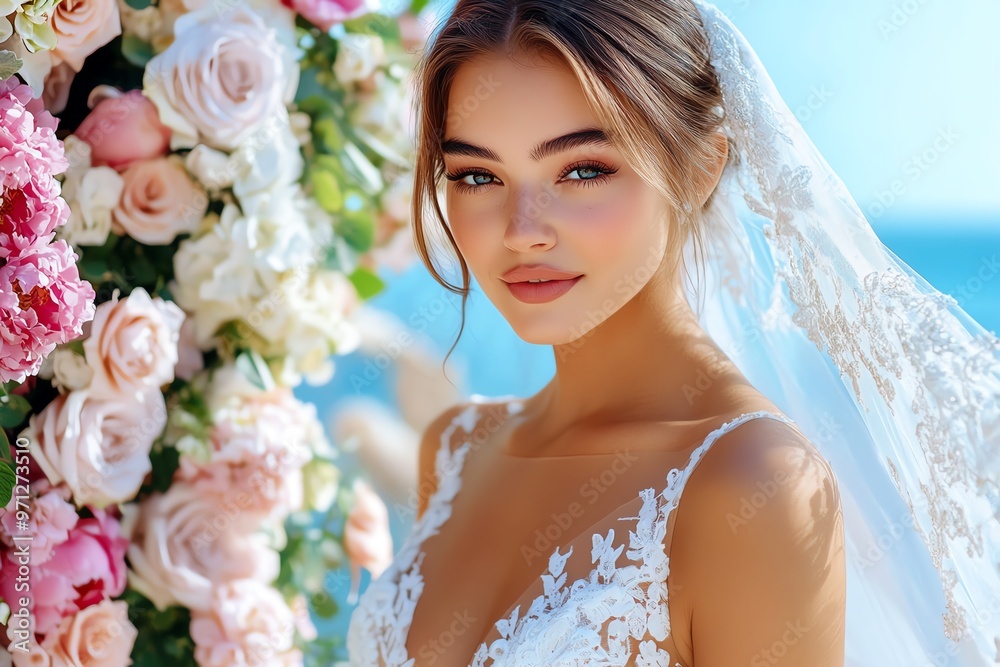 Naklejka premium A beautiful bride on her wedding day, standing in front of a flower arch, her veil gently swaying in the wind, with joy and love in her eyes