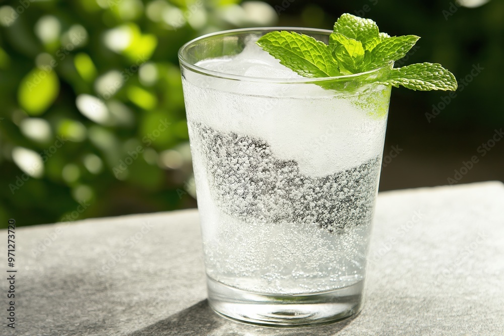 Refreshing cocktail with mint and ice in glass on outdoor table Refreshing cocktail with mint and ice in glass on outdoor table