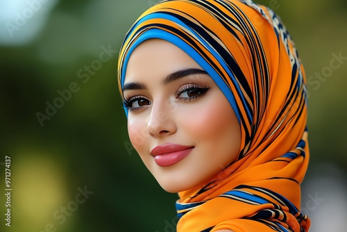 A beautiful lady wearing a hijab, her modesty and grace highlighted by the vibrant colors of her scarf photo