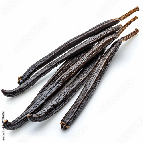 Vanilla pods, green leaves and flowers isolated on white