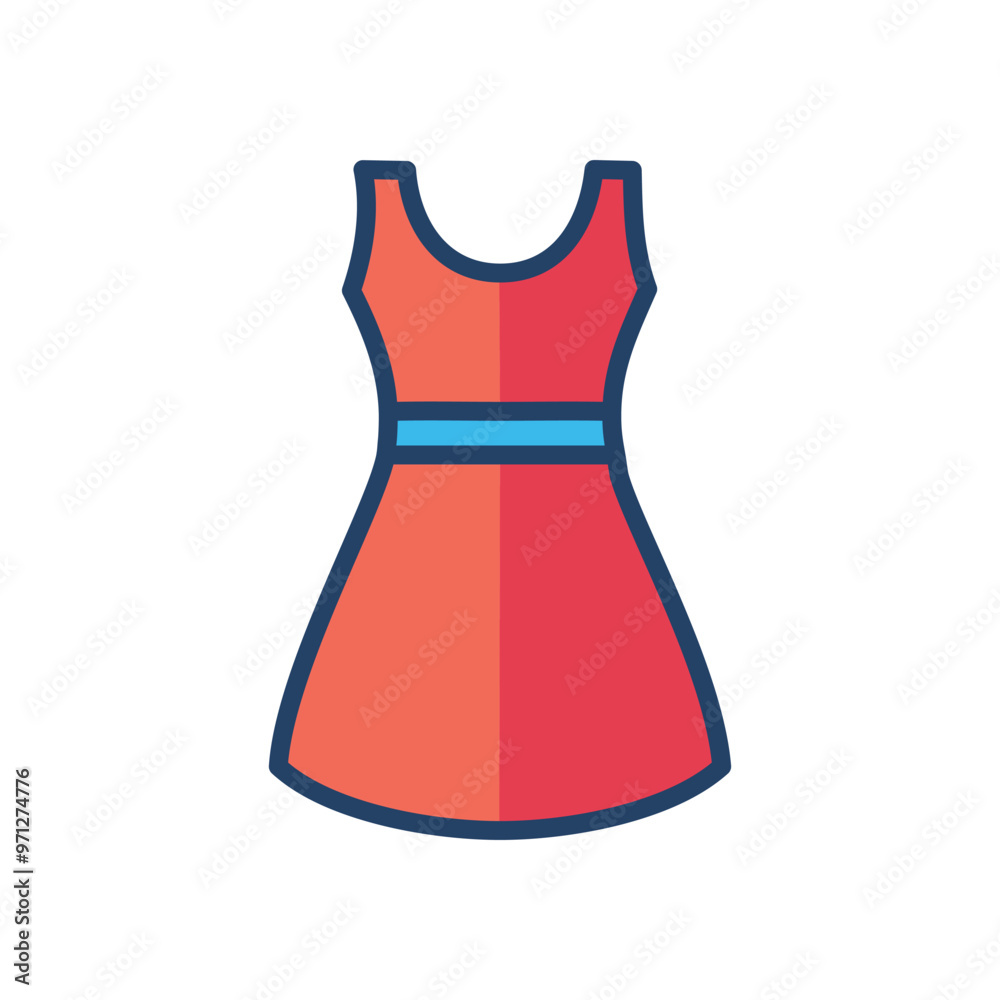 Red summer dress icon. Casual sleeveless red summer dress with a blue belt. Perfect for summer parties and warm weather. Red summer dress icon. Casual sleeveless red summer dress with a blue belt. Perfect for summer parties and warm weather.