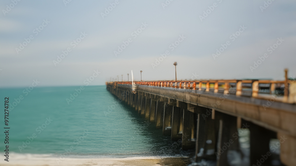 Fototapeta premium Blurred wooden pier extending into the sea