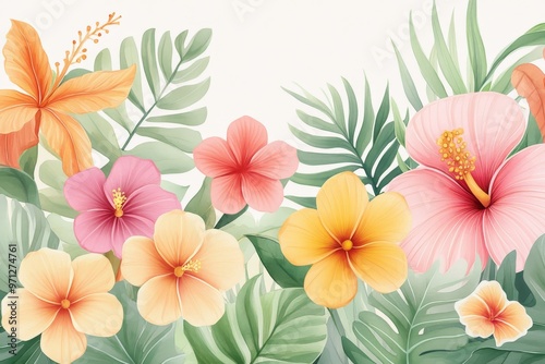 Vibrant floral pattern featuring tropical flowers and lush green leaves, perfect for design and nature themes.
