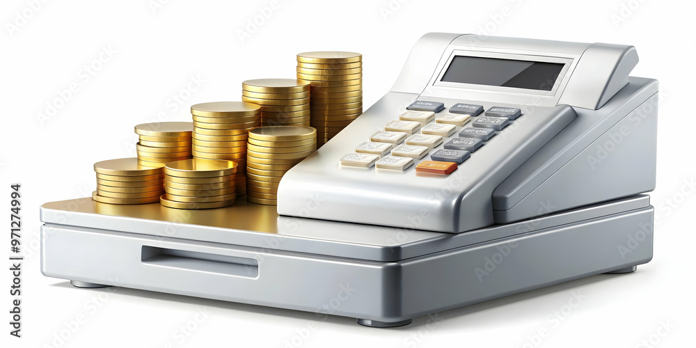 Isolated Cash Register with Coin Stack Vector Design - Modern Retail and Financial Concept for Spending and Profits on White Background Isolated Cash Register with Coin Stack Vector Design - Modern Retail and Financial Concept for Spending and Profits on White Background