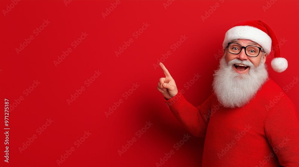 A man in a red sweater with a red hat and glasses pointing to the camera. The image has a festive and cheerful mood, likely representing the spirit of Christmas A man in a red sweater with a red hat and glasses pointing to the camera. The image has a festive and cheerful mood, likely representing the spirit of Christmas