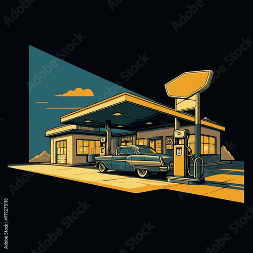 Car gas station in retro style. Classic car with gas station. EPS version.